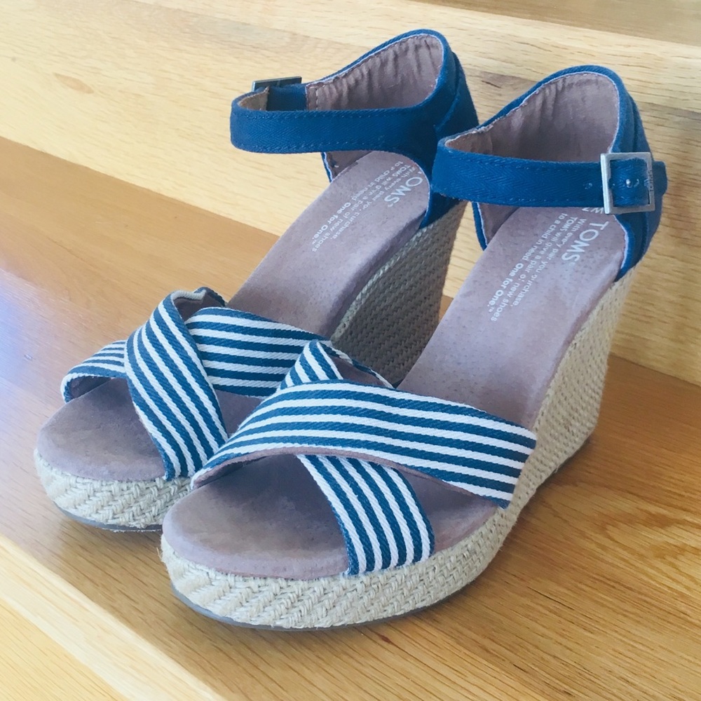 Toms Navy Striped Canvas Espadrille Wedge Heels